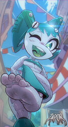  barefoot feet jenny_wakeman looking_at_viewer looking_down my_life_as_a_teenage_robot nickelodeon robot robot_girl saliva smile smooth_skin smug soles teasing toes xj-9 zapor zapor666 