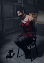  1girls 3d 3d_(artwork) ada_wong ada_wong_(adriana) asian_female black_choker black_high_heels black_pantyhose capcom female female_only foot_fetish fully_clothed mouth_gag resident_evil resident_evil_2 rope_bondage ropes skvrwiel solo spy storeroom tied_arms_behind_back tied_legs tied_to_chair tied_up 