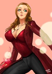  1girls avengers avengers:_infinity_war beauty_mark big_breasts breasts brown_hair bustier cleavage clothed elizabeth_olsen female female_only fully_clothed green_eyes large_breasts long_coat long_hair marvel marvel_cinematic_universe necklace scarlet_witch solo tora_tora wanda_maximoff 