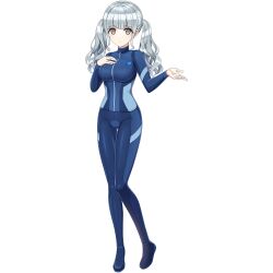  blue_wetsuit blunt_bangs breasts brown_eyes deadpan dolphin_wave female game_cg grey_hair hand_on_own_chest highres long_hair looking_at_viewer medium_breasts nagato_mei non-web_source official_alternate_costume official_art ootomo_takuji outstretched_hand transparent_background twintails wavy_hair 