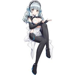  apron bikini bluetooth_headset blunt_bangs boots breasts brown_eyes choker cleavage deadpan dolphin_wave elbow_gloves female fingerless_gloves frilled_apron frilled_choker frills game_cg gloves grey_hair high_heel_boots high_heels highres long_hair looking_at_viewer maid maid_apron maid_bikini maid_headdress medium_breasts nagato_mei non-web_source official_alternate_costume official_art ootomo_takuji sitting swimsuit thigh_boots transparent_background twintails unconventional_maid waist_apron wavy_hair white_apron 
