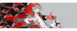  1boy arms_up blood blood_on_clothes blood_on_hands clenched_teeth collared_jacket extra_arms grey_eyes grey_hair hamusitas hand_on_another&#039;s_head highres holding holding_sword holding_weapon houndstooth jacket katana layered_sleeves letterboxed limited_palette long_sleeves looking_back male_focus narukami_yuu open_clothes open_jacket outstretched_hand persona persona_4 popped_collar reverse_grip ringed_eyes school_uniform short_hair sword teeth weapon wing_collar yasogami_school_uniform 