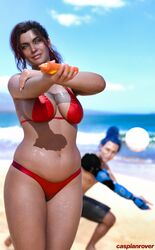  1boy 1girls applying_sunscreen beach belly bikini caspianrover claire_russell curvy curvy_figure cyberpunk_2077 distracted distracted_by_ass female_focus lotion lotion_bottle love_handles muffin_top stretch_marks sunny sunscreen suntan_lotion sweaty volleyball volleyball_(ball) 