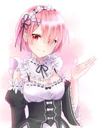  breasts chii_(sbshop) cleavage closed_mouth commentary_request detached_sleeves eyes_visible_through_hair female frills hair_ornament hair_over_one_eye hair_ribbon highres looking_at_viewer maid maid_headdress medium_breasts pink_hair purple_ribbon ram_(re:zero) re:zero_kara_hajimeru_isekai_seikatsu red_eyes ribbon roswaal_mansion_maid_uniform short_hair smile solo x_hair_ornament 