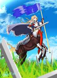  ahoge armor barding belt blonde_hair blue_flag blue_sky blunt_bangs boobplate breastplate breasts broken broken_sword broken_weapon cape centaur chainmail cleavage_cutout clothing_cutout cloud commentary dated day female field flag from_below full_armor fur-trimmed_cape fur_trim gauntlets glaring grass holding holding_flag holding_sword holding_weapon hooves horse_tail knight large_breasts long_hair looking_at_viewer mixed-language_commentary monster_girl multiple_legs narrow_waist original outdoors pauldrons planted planted_sword plate_armor rearing red_eyes sheath shin_guards shoulder_armor signature sky solo sword tail taur thick_eyebrows weapon zippedsquire 