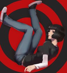  belt black_background black_belt black_eyes black_hair black_shirt bob_cut denim female from_side full_body grey_pants highres layered_sleeves long_sleeves looking_at_viewer ohya_ichiko pants persona persona_5 red_background red_lips shirt short_hair short_over_long_sleeves short_sleeves solo two-tone_background umenituru white_sleeves 