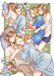  ! !! 1boy arm_pillow babigonice blonde_hair blue_shirt blush border brown_pants champion&#039;s_tunic_(zelda) closed_eyes commentary couple cuddling dress earrings english_commentary female heart highres holding_hands jewelry link lying medium_hair multiple_views official_alternate_hair_length official_alternate_hairstyle on_back on_side outside_border pants parted_bangs parted_lips pillow pointy_ears princess_zelda shirt short_hair slapping sleeping straight the_legend_of_zelda the_legend_of_zelda:_tears_of_the_kingdom triforce white_border white_shirt zzz 