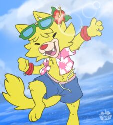  beach clothed clothing fur hair nintendo nutty_bo outside sea seaside sky smile spitz_(warioware) swimming_trunks swimwear tropical_shirt warioware water 