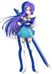  absurdres aono_miki armor blue_eyes blue_hairband blue_shirt blue_skirt boots closed_mouth commentary_request cosplay female floating_hair fresh_precure! full_body hairband hand_on_own_hip highres holding holding_sword holding_weapon long_hair long_sleeves looking_at_viewer magic_knight_rayearth miniskirt nita_(onakatohoppe) parted_bangs pleated_skirt precure purple_hair ryuuzaki_umi ryuuzaki_umi_(cosplay) shirt shoulder_armor simple_background skirt smile solo standing sword thigh_boots thighhighs very_long_hair weapon white_background white_footwear zettai_ryouiki 