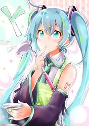  akino_coto apron aqua_eyes aqua_hair bandaid bandaid_on_hand blush commentary cooking detached_sleeves facing_viewer female finger_to_mouth hatsune_miku holding holding_ladle ladle long_hair necktie plate pot solo spring_onion tasting_plate tattoo twintails vocaloid 