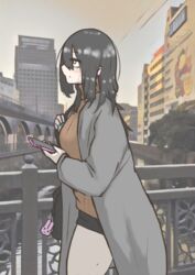  absurdres akihabara_(tokyo) bag black_hair black_skirt breasts brown_sweater cellphone coat cocoa_fuumi commentary_request ear_piercing female from_side grey_coat highres holding holding_phone large_breasts long_hair manseibashi original outdoors phone piercing rinko-san_(cocoa_fuumi) sanpaku skirt smartphone solo sweater turtleneck turtleneck_sweater 