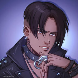  1boy alternate_costume alternate_hairstyle alternate_universe avatar:_the_last_airbender avatar_legends black_hair blue_eyes caro_oliveira choker claw_ring collar contemporary dark-skinned_male dark_skin ear_piercing english_commentary eyebrow_piercing goth_fashion jacket jewelry leather leather_jacket lip_piercing looking_at_viewer male_focus neck_tattoo necklace nose o-ring o-ring_choker paid_reward_available piercing portrait purple_background ring short_hair sokka solo spiked_collar spikes studded_jacket tattoo tribal_tattoo undercut 