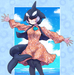  alternate_costume arm_up ascot black_hair black_pantyhose black_vest blowhole blue_ascot cetacean_tail collared_dress commentary dorsal_fin dress feet_out_of_frame female fins fish_tail floral_print grin hair_over_one_eye hand_up head_fins highres kemono_friends kotobukkii_(yt_lvlv) long_sleeves looking_at_viewer medium_dress multicolored_hair open_clothes open_vest orange_eyes orca_(kemono_friends) outstretched_arms outstretched_hand pantyhose parted_bangs print_dress short_hair smile solo spread_arms spread_fingers standing tail teeth two-tone_hair vest white_hair wing_collar 