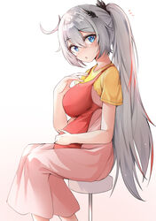  absurdres apron blue_eyes breasts closed_mouth commentary_request dress female gr_greeze gradient_background grey_hair hair_between_eyes hair_ornament hand_on_own_stomach head_tilt highres honkai_(series) honkai_impact_3rd kiana_kaslana kiana_kaslana_(herrscher_of_flamescion) large_breasts long_hair looking_at_viewer multicolored_hair open_mouth pink_dress ponytail pregnant red_apron red_hair shirt short_sleeves simple_background sitting solo stool streaked_hair surprised white_background yellow_shirt 