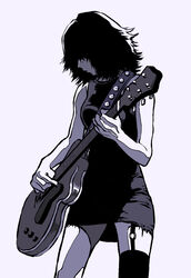  bare_arms bare_shoulders breasts covered_eyes cowboy_shot dress electric_guitar female garter_straps guitar hair_over_eyes highres instrument korean_commentary medium_hair mole mole_on_nose monochrome muryo music o-ring original pencil_dress playing_instrument profile short_dress simple_background single_thighhigh sleeveless sleeveless_dress solo thighhighs torn_clothes torn_dress 