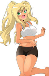  absurdres bare_shoulders barefoot bike_shorts blonde_hair breasts cleavage commentary_request dark-skinned_female dark_skin dumbbell_nan_kilo_moteru? female green_eyes gyaru highres ito_kashiwamochi large_breasts navel oerba_yun_fang open_mouth sakura_hibiki shorts solo sports_bra sweat twintails 