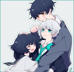  2boys aqua_eyes aqua_necktie arms_around_back black_hair black_sailor_collar blunt_bangs blush boy_twin_(tsubaki_tsubara) closed_eyes collared_shirt female girl_twin_(tsubaki_tsubara) grey_background grey_hair grey_sweater hair_ornament hairpin hand_on_another&#039;s_head headphones headphones_boy_(tsubaki_tsubara) mole mole_under_eye multiple_boys necktie orange_eyes original outline sailor_collar shirt short_hair sidelocks signature smile sweatdrop sweater tsubaki_tsubaru white_outline white_shirt wire 