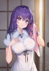  black_ribbon breasts dress fate/stay_night fate_(series) female hair_between_eyes highres large_breasts looking_at_viewer matou_sakura official_alternate_costume purple_eyes purple_hair ribbon short_sleeves solo towel wet wet_hair white_dress yoruri 