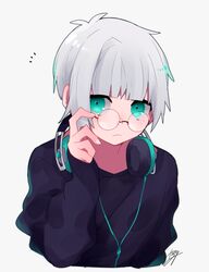  1boy aqua_eyes black_sweater blunt_bangs blush glasses grey_hair headphones headphones_boy_(tsubaki_tsubara) mole mole_under_eye original round_eyewear short_hair sidelocks signature sleeves_past_wrists sweater tsubaki_tsubaru upper_body wire 