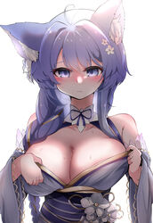  animal_ear_fluff asashio_(azur_lane) asashio_(snow-dusted_lynx_tips)_(azur_lane) azur_lane bad_id bad_pixiv_id braid breasts cleavage detached_sleeves female highres japanese_clothes kimono large_breasts long_hair official_alternate_costume purple_eyes purple_hair purple_kimono purple_sash sash simple_background solo tadai_nu white_background wide_sleeves 