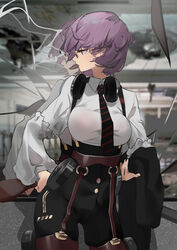  breasts collared_shirt commentary ekitabu_hosii female garter_belt girls&#039;_frontline glass glasses gun headphones headphones_around_neck highres holding holding_clothes holding_gun holding_jacket holding_weapon jacket long_sleeves mouth_hold necktie profile purple_hair red_eyes shirt short_hair smoke smoking solo striped striped_necktie thompson_(girls&#039;_frontline) weapon white_shirt 