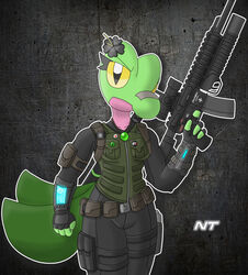  anthro assault_rifle bandage bandage_on_face bandage_on_nose belt black_clothing bulletproof_vest clothed clothing confident eyelashes female fern_shinamori flower flower_accessory flower_on_head fully_clothed generation_3_pokemon green_body green_clothing green_tail green_topwear green_vest grenade_launcher gun hi_res holding_gun holding_object holding_ranged_weapon holding_weapon holster jewelry looking_at_viewer necklace ninjatreecko nintendo plant pokemon pokemon_(species) pokemorph portrait pouches ranged_weapon reptile rifle scalie shaded solo stealth_suit tail three-quarter_portrait topwear treecko utility_belt vest walking weapon weapon_on_back yellow_eyes 