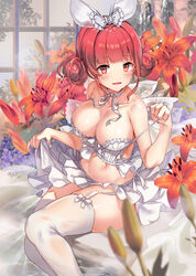  :d absurdres bare_arms bare_shoulders blunt_bangs bow breasts bustier choker cleavage clothes_lift collarbone double_bun duplicate female flower garter_straps hair_bun hairbow highres kyjsogom large_breasts lily_(flower) long_hair looking_at_viewer midriff miniskirt navel neck_ribbon open_mouth original pixel-perfect_duplicate red_eyes red_flower red_hair revealing_clothes ribbon ribbon_choker shirt sidelocks sitting skindentation skirt skirt_lift smile solo stomach strap_pull thighhighs thighs tiger_lily white_bow white_bustier white_choker white_ribbon white_shirt white_skirt white_thighhighs zettai_ryouiki 