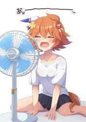  animal_ears bad_id bad_pixiv_id blush breasts closed_eyes ear_covers ears_down electric_fan fan_speaking female highres horse_ears horse_girl horse_tail matikanefukukitaru_(umamusume) medium_breasts open_mouth orange_hair orange_tail pleated_skirt see-through see-through_shirt shirt short_hair short_sleeves single_ear_cover sitting skirt solo sweat sweaty_clothes t-shirt tail umamusume wariza yuki_(user_tjvn3757) 