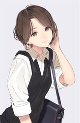  bad_id bad_pixiv_id briefcase brown_eyes brown_hair closed_mouth collared_shirt commentary dress_shirt earrings female grey_background hand_up highres jewelry koyoi_mitsuki looking_at_viewer original parted_bangs shirt short_hair short_sleeves simple_background smile solo sweater_vest upper_body white_shirt 