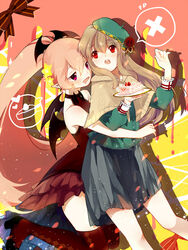  2girls :o argyle_clothes argyle_footwear bat_wings black_skirt black_wings boots brown_capelet brown_hair capelet cross cross_earrings dress earrings funamusea green_headwear green_shirt haiiro_teien hair_ornament head_wings high_ponytail hug hug_from_behind jewelry long_hair long_sleeves macarona_(funamusea) multiple_girls pink_hair pleated_skirt pointy_ears ponytail puffy_long_sleeves puffy_sleeves rawberry_preserves red_dress red_eyes red_footwear shirt skirt sleeveless sleeveless_dress star_(symbol) star_hair_ornament thigh_boots thighhighs wings yuri yuzhi 