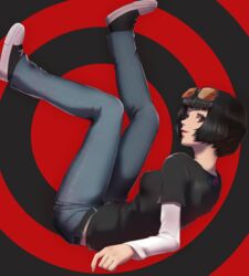  belt black-framed_eyewear black_background black_belt black_eyes black_hair black_shirt bob_cut denim eyewear_on_head female from_side full_body grey_pants highres layered_sleeves long_sleeves looking_at_viewer ohya_ichiko orange-tinted_eyewear pants persona persona_5 red_background red_lips shirt short_hair short_over_long_sleeves short_sleeves solo sunglasses tinted_eyewear two-tone_background umenituru white_sleeves 