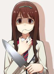  blazer brown_eyes brown_hair eating_hair empty_eyes female hair_in_own_mouth hairband high_schoolmate_(idolmaster) holding holding_knife idolmaster idolmaster_million_live! idolmaster_million_live!_theater_days jacket knife necktie solo suzuki_puramo tanaka_kotoha uniform uniform_series_(idolmaster) upper_body yandere 