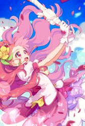  blue_sky choker cloud cure_grace day dress female flower hair_flower hair_ornament hanadera_nodoka healin&#039;_good_precure healing_animal healing_wand heart heart_hair_ornament highres looking_at_another magical_girl okimochi open_mouth outdoors petals pink_choker pink_dress pink_vest precure puffy_short_sleeves puffy_sleeves rabirin_(precure) short_sleeves sky smile vest 