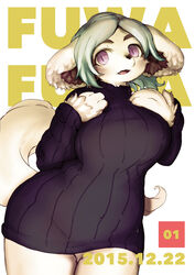  anthro canid canine canis clothing domestic_dog female floppy_ears fluffy_ears fur fuzisawa grey_hair hair hi_res kemono long_ears long_tail mammal pupils purple_eyes slit_pupils solo sweater tail topwear white_body white_fur 