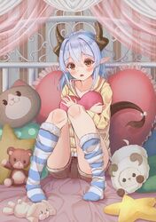  absurdres bed blue_hair blush brown_eyes cat-shaped_pillow collarbone commentary_request female frilled_pillow frills hair_between_eyes heart heart-shaped_pillow highres holding hood hoodie horns hugging_object indoors kneehighs knees_together_feet_apart long_hair long_sleeves looking_at_viewer no_shoes nyoon on_bed open_mouth original pillow pillow_hug pointy_ears polka_dot_pillow short_shorts shorts sitting socks solo star-shaped_pillow striped_clothes striped_socks stuffed_animal stuffed_rabbit stuffed_sheep stuffed_toy tail teddy_bear 