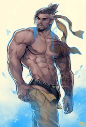  1boy abs arm_tattoo bara beard black_hair black_male_underwear briefs bulge clothes_pull facial_hair feet_out_of_frame hanzo_(overwatch) highres large_pectorals male_focus male_underwear mature_male muscular muscular_male navel navel_hair nipples open_fly open_pants overwatch overwatch_1 pants pants_pull pectorals pulling_own_clothes redgart short_hair sideburns solo standing stomach stubble tattoo topless_male underwear yellow_pants 