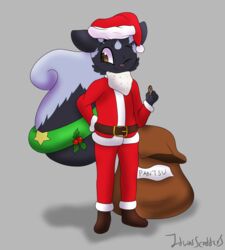  5_fingers anthro belt belt_buckle big_tail black_body black_fur boots brown_eyes buckle christmas christmas_clothing christmas_headwear christmas_wreath clothing cookie costume fingers fluffy fluffy_tail food footwear full-length_portrait fur hat headgear headwear hi_res holding_cookie holding_food holding_object holidays holly_(plant) itwasscatters lemmy_(lemmy_niscuit) male mammal mephitid multicolored_body multicolored_fur plant plantigrade portrait sack santa_costume santa_hat signature simple_background skunk solo spotted_skunk star tail text two_tone_body two_tone_fur white_body white_fur wreath 