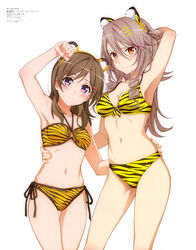  2girls absurdres animal_ears animal_print arm_up armpits bare_legs bikini blush breasts brown_eyes brown_hair china_moeka cleavage collarbone drill_hair fake_animal_ears frown hair_between_eyes hair_ornament hairclip hand_on_another&#039;s_hip high_school_fleet highres jiang_yifan long_hair mc_axis medium_breasts miyazato_toomi multiple_girls navel official_art orange_bikini paw_pose purple_eyes scan side-tie_bikini_bottom simple_background small_breasts smile standing swimsuit tiger_print white_background yellow_bikini 