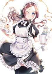  ;) absurdres apron black_bow black_dress black_thighhighs blue_eyes blush bow breasts brown_hair cake commentary cup dress fate/grand_order fate_(series) female floating_hair food forehead hairbow highres leonardo_da_vinci_(fate) leonardo_da_vinci_(rider)_(fate) leonardo_da_vinci_(rider)_(second_ascension)_(fate) long_hair looking_at_viewer maid_headdress one_eye_closed parted_bangs ponytail puff_and_slash_sleeves puffy_short_sleeves puffy_sleeves short_sleeves small_breasts smile solo symbol-only_commentary tea teacup teapot thighhighs thighs tobi_(pixiv41237754) white_apron 