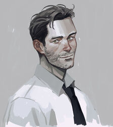  1boy aged_down bad_id bad_twitter_id beard blush brown_hair cheetahman_(1ddghfr78cswc) commentary_request disco_elysium ear_blush facial_hair green_eyes grey_background harry_du_bois highres korean_commentary looking_to_the_side male_focus necktie shirt simple_background smile solo stubble upper_body white_shirt 