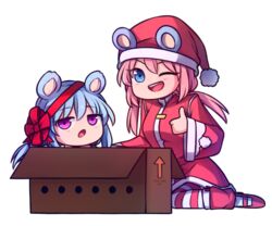  2girls :o ;d alternate_costume animal_ears arrow_(symbol) bear_ears blue_eyes blue_hair box cardboard_box chibi coat commentary english_commentary eyes_visible_through_hair hat in_box in_container leg_warmers long_hair long_sleeves looking_at_viewer low_twintails multiple_girls nieve_(rabi_ribi) nixie_(rabi_ribi) one_eye_closed open_mouth outline pink_eyes pink_hair pom_pom_(clothes) rabi-ribi red_coat red_ribbon ribbon santa_costume santa_hat siblings sisters smile speckticuls striped_clothes striped_thighhighs thighhighs thumbs_up transparent_background twintails v-shaped_eyebrows white_outline wide_sleeves 