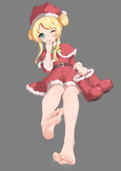  ;3 absurdres bare_legs barefoot blonde_hair boots bow bowtie capelet chashuwu christmas closed_mouth double_bun dress feet female foot_focus foreshortening full_body fur-trimmed_boots fur-trimmed_capelet fur-trimmed_dress fur-trimmed_headwear fur_trim green_bow green_bowtie green_eyes grey_background hair_bun hand_to_own_mouth hand_up hat highres himesaka_noa holding holding_clothes holding_footwear long_sleeves looking_at_viewer one_eye_closed red_capelet red_dress red_footwear santa_boots santa_costume santa_hat simple_background soles solo steaming_body toes unworn_boots watashi_ni_tenshi_ga_maiorita! 