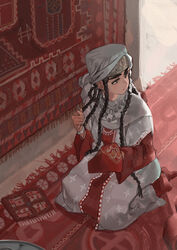  black_eyes black_hair bracelet braid cape carpet dress ekitabu_hosii embroidery eyelashes female fringe_trim from_above handkerchief head_scarf highres holding holding_needle indoors jewelry layered_sleeves long_hair long_sleeves looking_away looking_to_the_side necklace needle no_shoes otoyomegatari pariya red_footwear red_theme seiza sewing sewing_needle short_over_long_sleeves short_sleeves sitting socks solo thread tray uygur uygur_clothes uzbek_clothes 