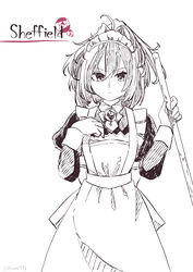  absurdres alternate_costume apron breasts broom character_name cowboy_shot enmaided female highres holding holding_broom kantai_collection long_hair maid maid_apron maid_headdress messy_hair monochrome nami_nami_(belphegor-5812) sheffield_(kancolle) small_breasts solo wrist_cuffs 