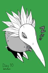  2:3 artcetona bandai_namco beak claws closed_eyes digimon digimon_(species) feral green_background hi_res kiwimon long_beak mask simple_background sitting sleeping solo sound_effects vowelless vowelless_sound_effect zzz 