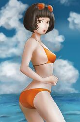  ass bikini black_hair blue_sky bob_cut breasts brown_eyes cloud cloudy_sky collarbone cowboy_shot day eyewear_on_head female from_side grey-framed_eyewear highres looking_at_viewer ocean ohya_ichiko orange-tinted_eyewear orange_bikini outdoors parted_lips persona persona_5 red_lips short_hair sky small_breasts solo standing summer sunglasses swimsuit tinted_eyewear umenituru 