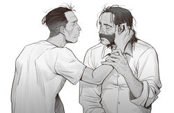  2boys arm_hair bad_id bad_twitter_id bara beard cheetahman_(1ddghfr78cswc) closed_eyes commentary_request disco_elysium facial_hair from_side greyscale hair_slicked_back hand_in_another&#039;s_hair harry_du_bois highres kim_kitsuragi korean_commentary male_focus mature_male monochrome moustache multiple_boys mutton_chops no_eyewear shirt short_hair smile t-shirt undercut yaoi 