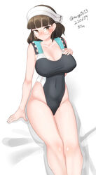  absurdres bad_id bad_pixiv_id black_one-piece_swimsuit blunt_bangs breasts brown_eyes brown_hair cleavage competition_swimsuit cosplay dated feet_out_of_frame female glasses headdress highleg highleg_swimsuit highres kantai_collection large_breasts maru_(marg0613) multicolored_clothes multicolored_swimsuit one-hour_drawing_challenge one-piece_swimsuit pince-nez roma_(kancolle) scamp_(kancolle) scamp_(kancolle)_(cosplay) sitting solo swimsuit twitter_username wavy_hair 