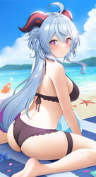  ahoge ass bare_arms bare_shoulders barefoot beach bikini black_bikini blue_flower blue_hair day duplicate female flower fukuro_daizi ganyu_(genshin_impact) genshin_impact goat_horns highres horns long_hair looking_at_viewer looking_back ocean outdoors petals pixel-perfect_duplicate purple_eyes sand sitting smile solo starfish swimsuit thigh_strap thighs twitter_username wariza 