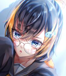  absurdres black_hair blue_eyes female fish_hair_ornament glasses hair_ornament highres lins_(linszhz) looking_at_viewer multicolored_hair nijisanji nijisanji_en open_mouth orange_hair petra_gurin sleeves_past_wrists streaked_hair virtual_youtuber 